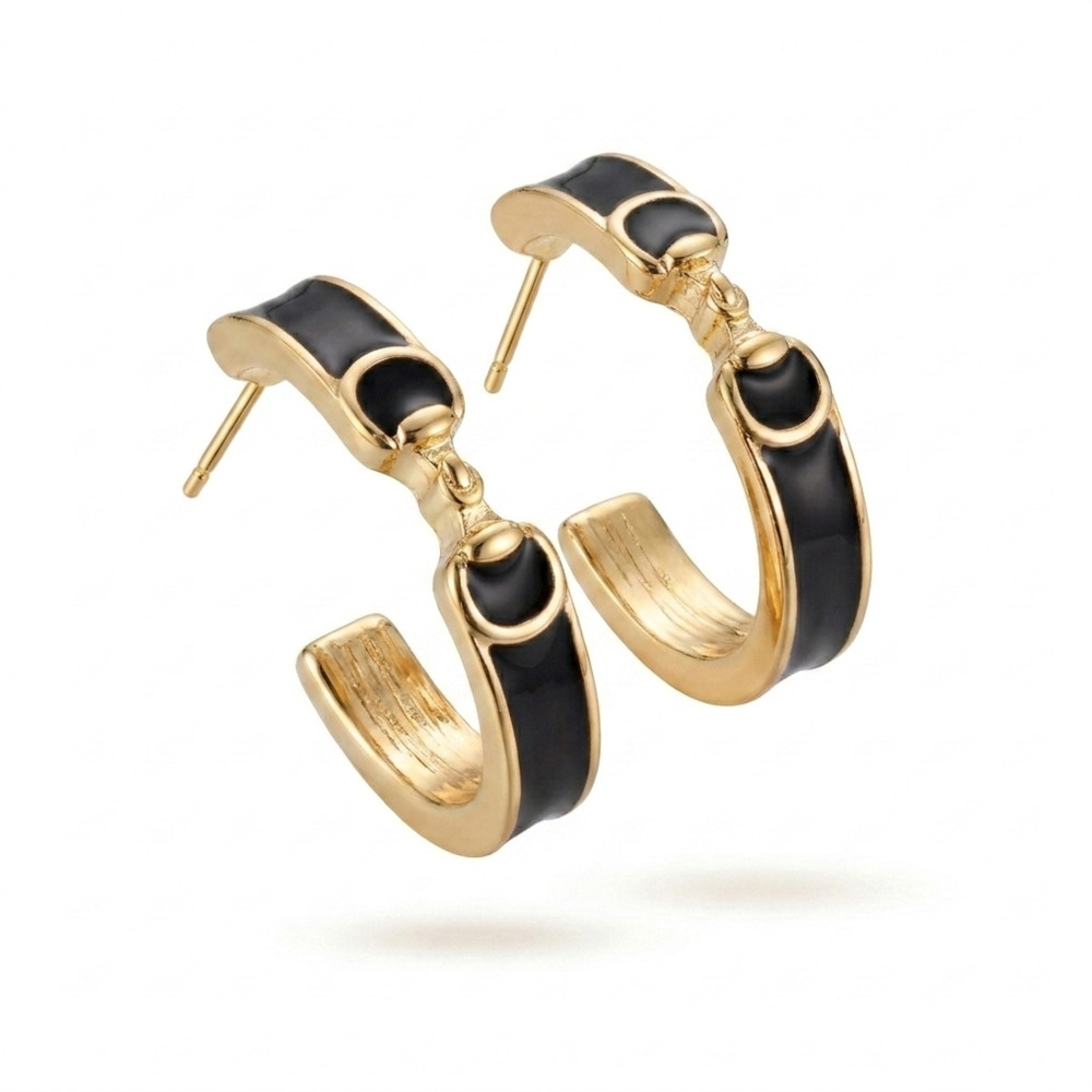 Derby Horse Bit Enamel Hoop Earrings – Slim & Sleek Black